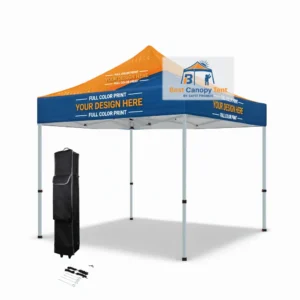 Custom printed 10x10 canopy tent with frame, spike kit and wheeled bag