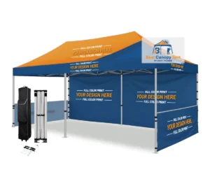 10x20 custom printed canopy with full back wall and two side half walls