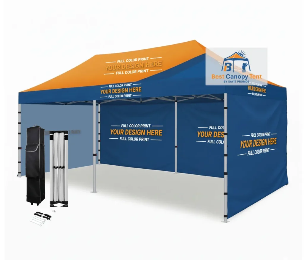 Custom printed 10x20 pop up canopy tent with three printed full walls, hex aluminum frame, spike kit and wheeled bag