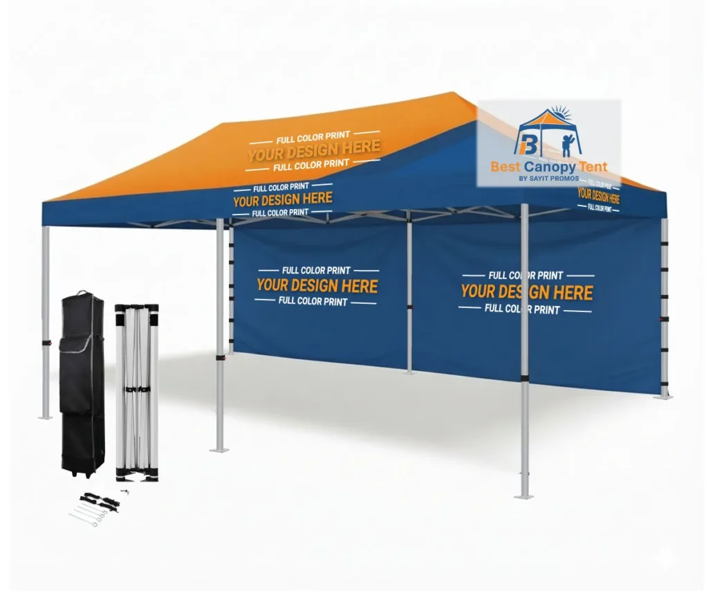 Custom printed 10x20 pop up canopy tent with full back wall, hex aluminum frame, spike kit and wheeled bag