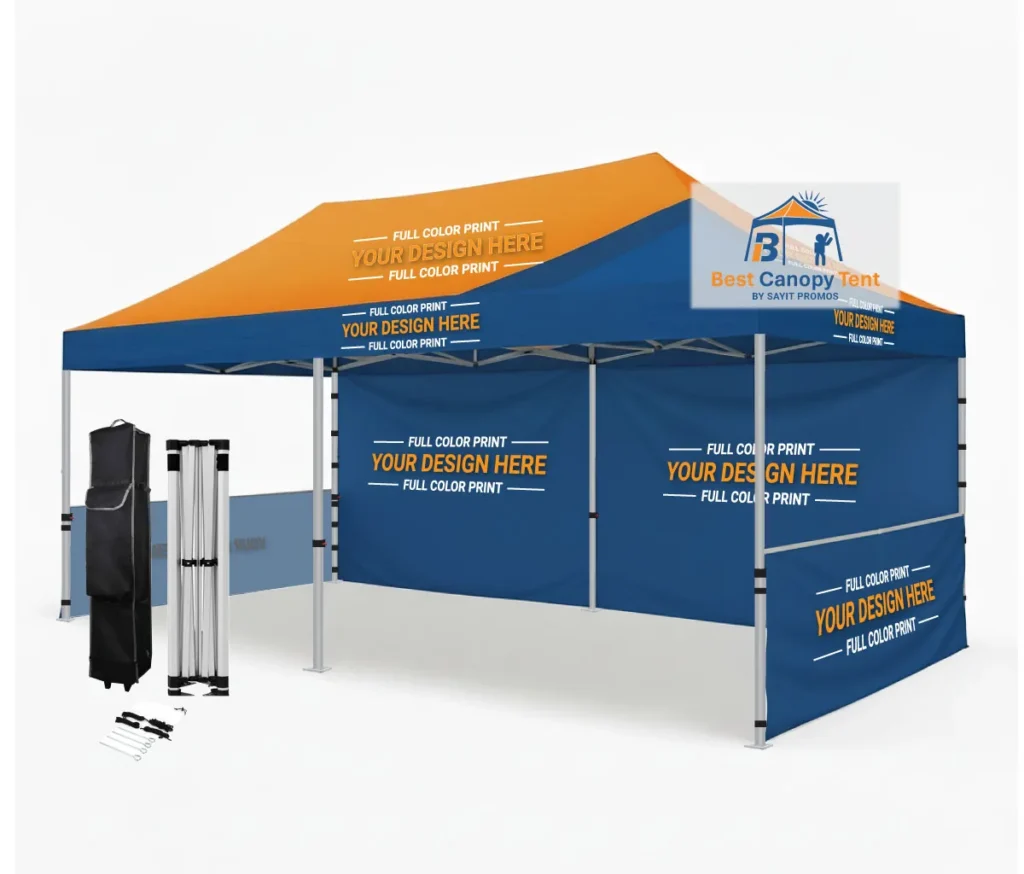 Custom printed 10x20 pop up canopy tent with full back wall, two half walls, hex aluminum frame, spike kit and wheeled bag