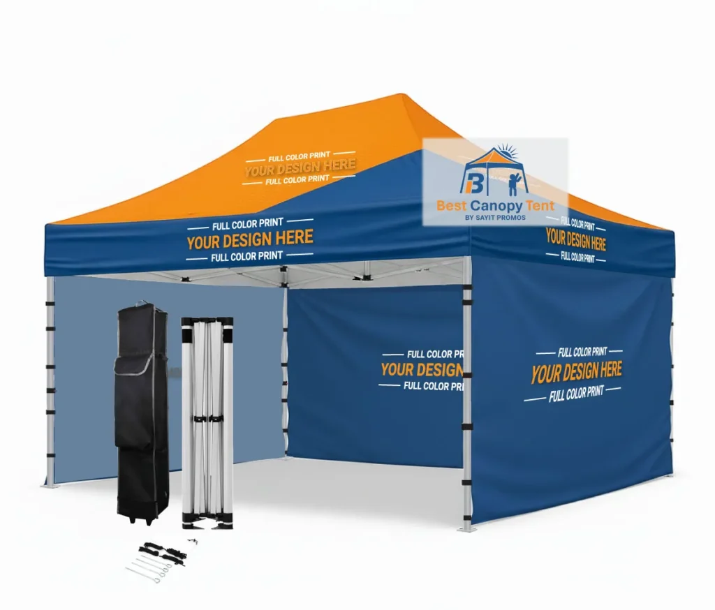Custom printed 10x15 pop up canopy tent with three printed full walls, hex aluminum frame, spike kit and wheeled bag