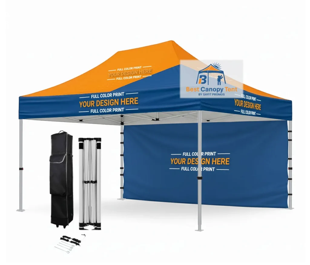 Custom printed 10x15 pop up canopy tent with full back wall, hex aluminum frame, spike kit and wheeled bag