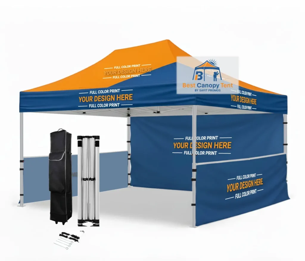 Custom printed 10x15 pop up canopy tent with full back wall, two half walls, hex aluminum frame, spike kit and wheeled bag