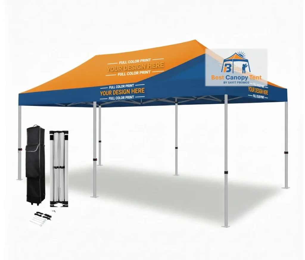 Custom printed 10x20 pop up canopy tent with hex aluminum frame, spike kit and wheeled bag