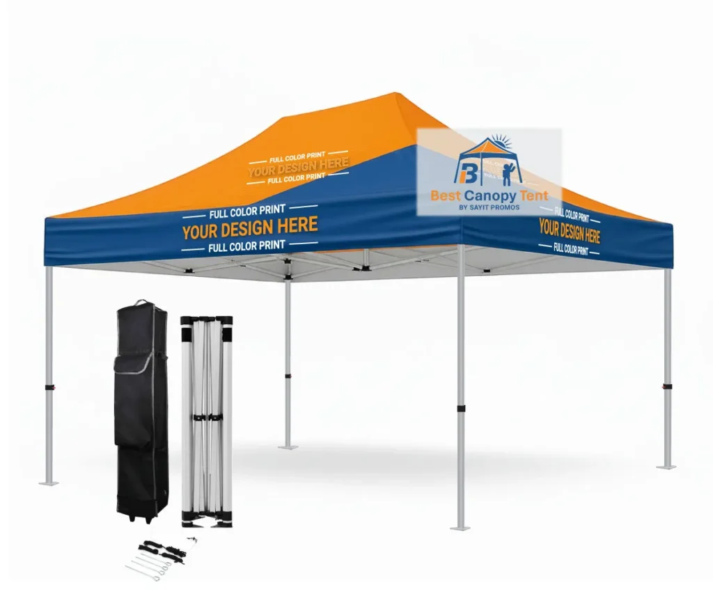 Custom printed 10x15 pop up canopy tent with hex aluminum frame, spike kit and wheeled bag