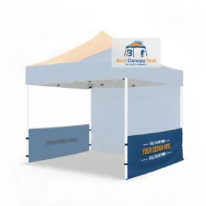 Two custom printed 10 foot half walls attached to a 10x10 canopy tent frame