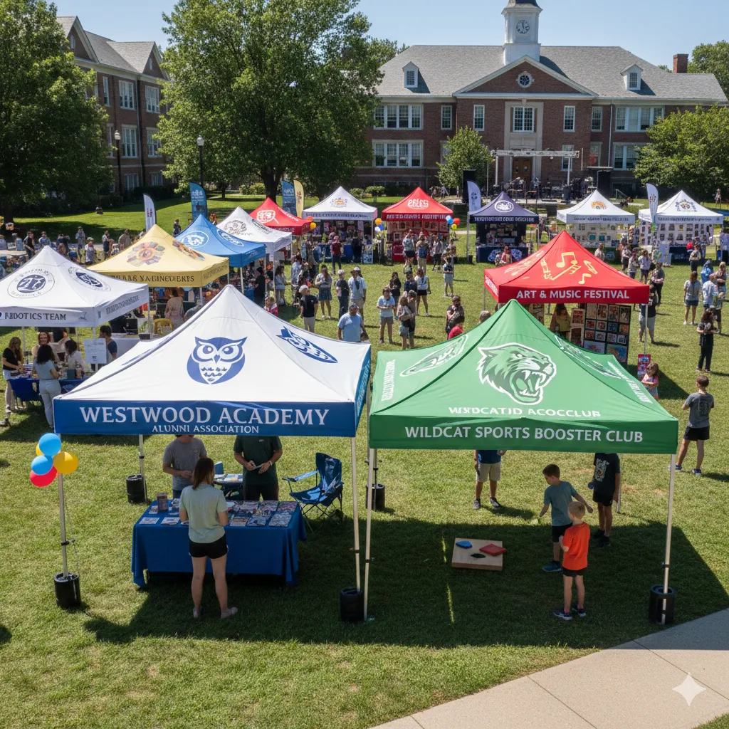 Custom printed pop up canopy tents at outdoor school fundraising event