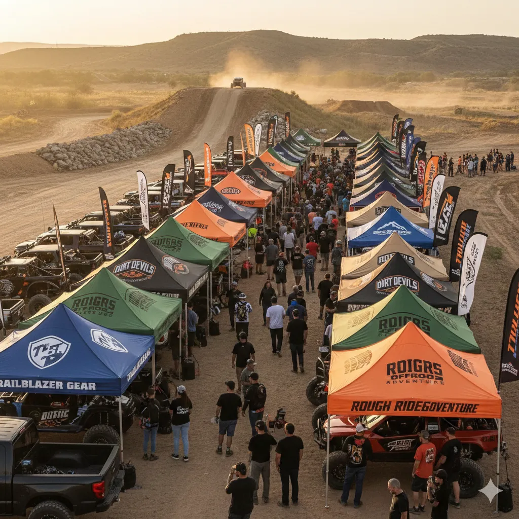 Heavy duty canopy tents and steel frames at offroad sporting event