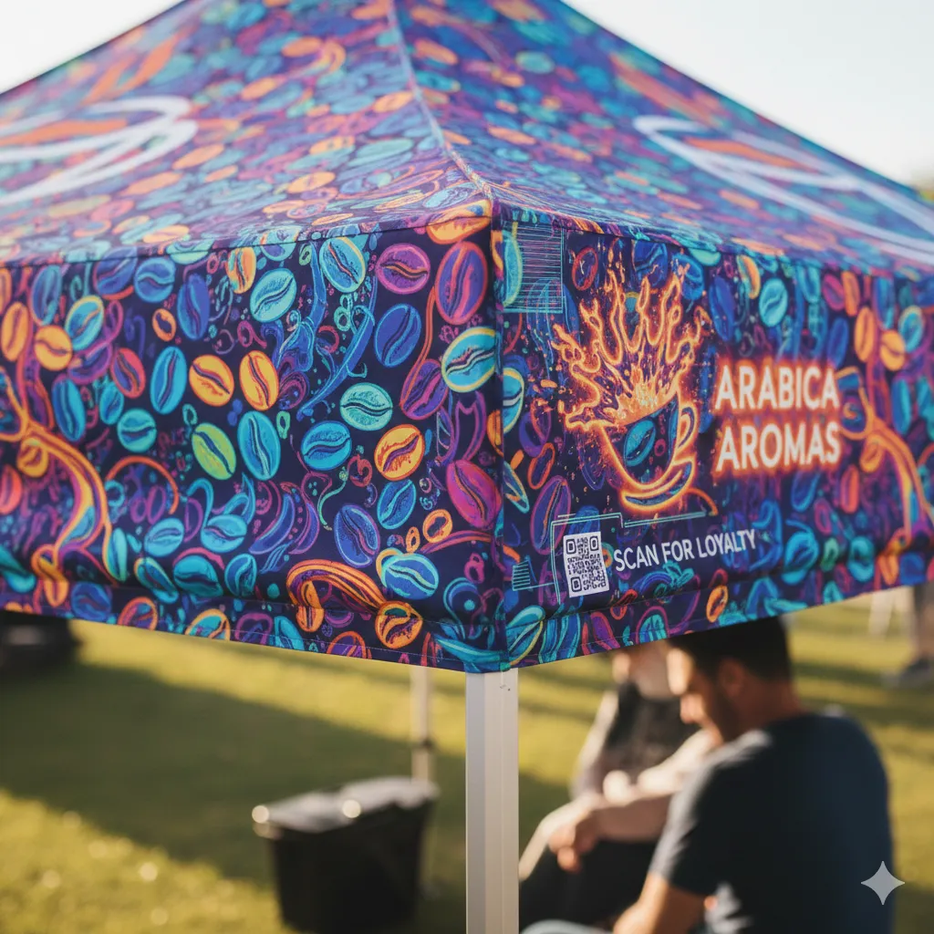 Close-up of custom printed canopy tent logo and graphics