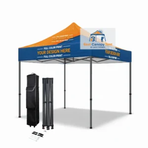 Custom printed 10x10 pop up canopy tent with black frame, spike kit and wheeled bag