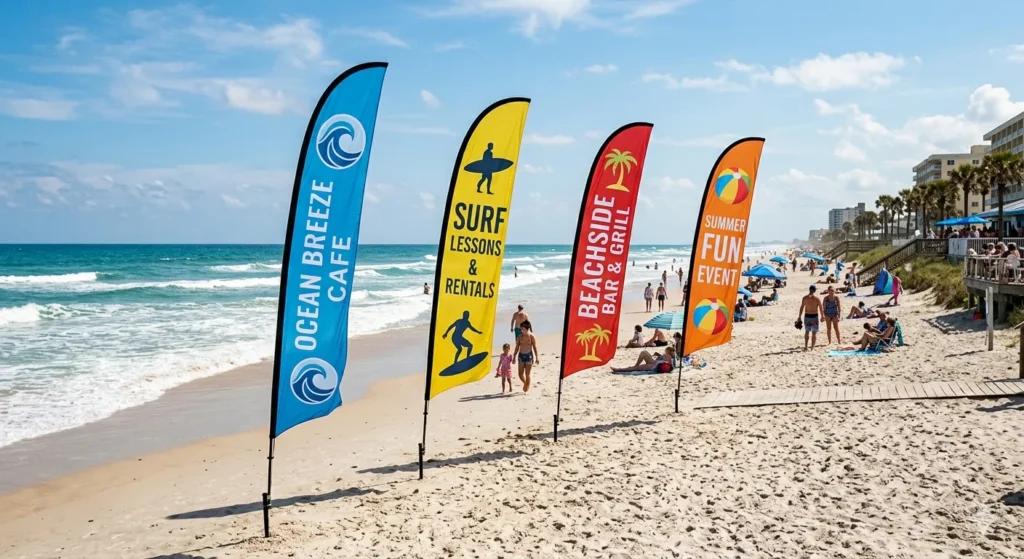 Feather flags stuck in the sand at the beach