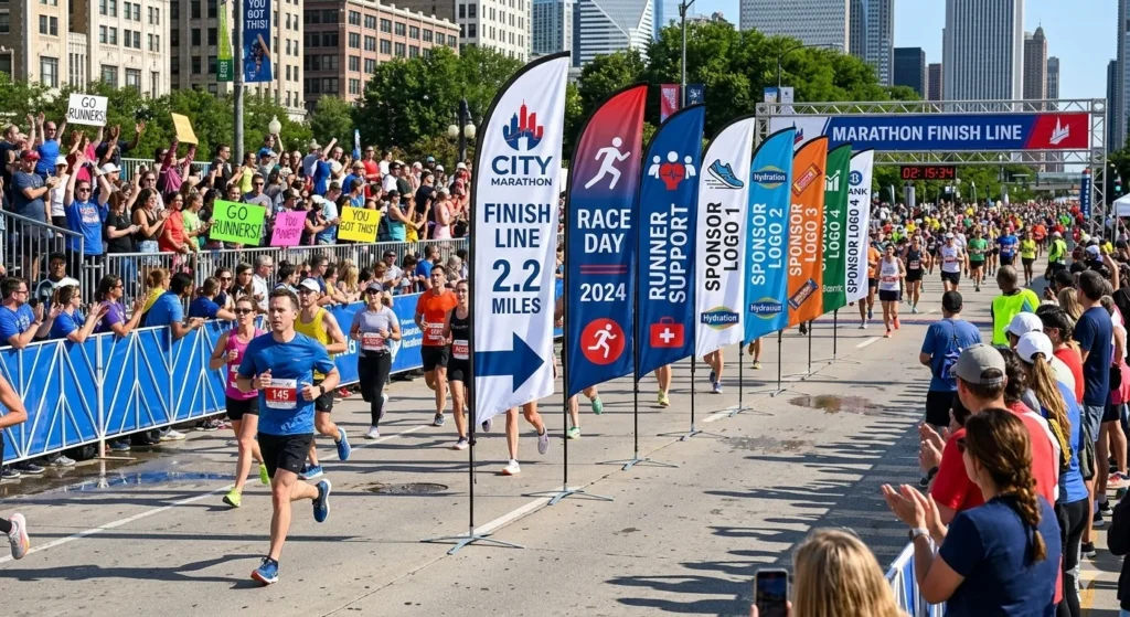 Feather flags displayed at a runners marathon